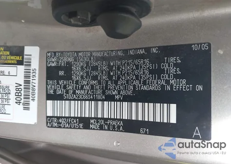 2006 Toyota Sienna Le z USA, uszkodzony, nr VIN 5TDZA23C66S411804